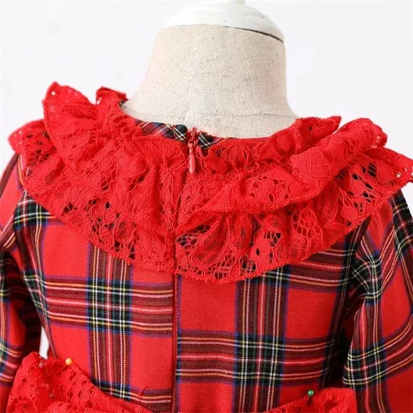 Christmas Girls Red Plaid Long Sleeve Ruffle Dress - Picture 5 of 6